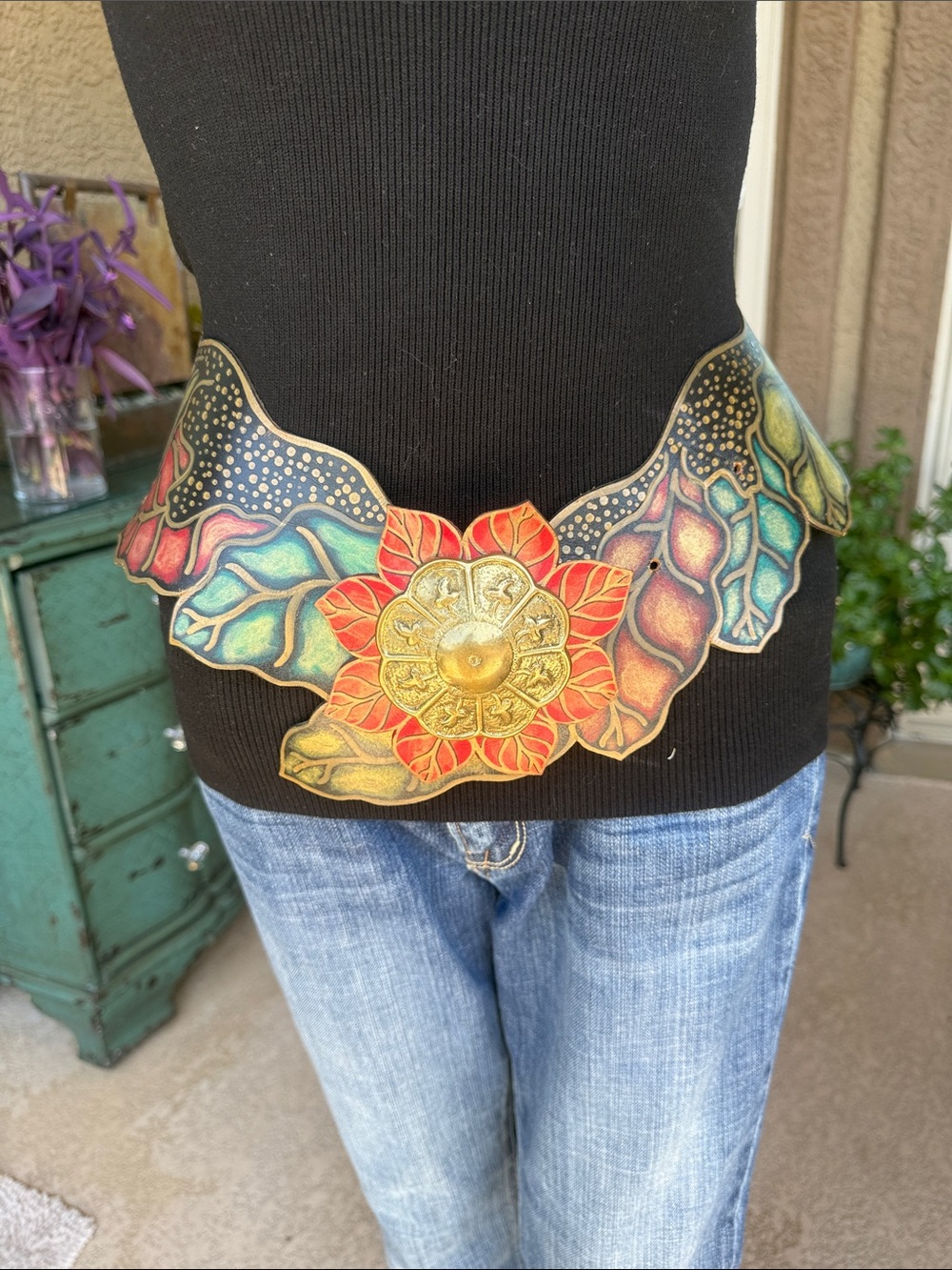 Hand-Painted Floral Statement Waist Belt in Red and Teal